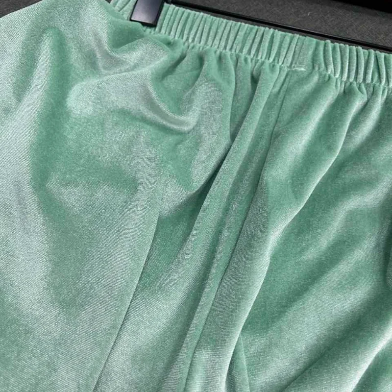 High Street Mint Green Velvet Shorts With Patchwork Lace Trim Paneled Elastic Waist Trousers Women Chic Edgy 2026 Summer Outfits