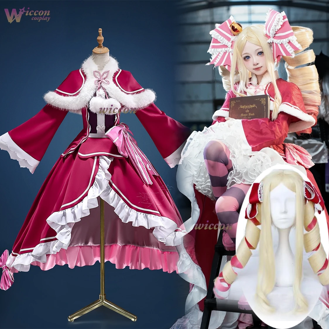 Re: Life A Different World From Zero - Ensemble complet Beatrice Pink Lolita : Manteau, Gilet, Pantalon, Jupe, Coiffe, Nœud, Perruque - Cosplay Halloween