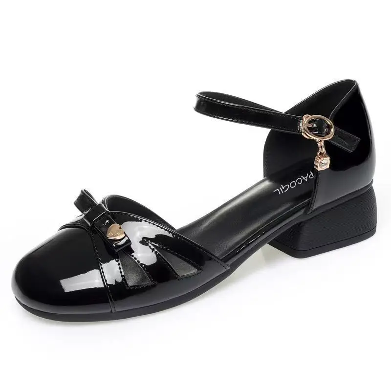 

Women's Genuine Leather Baotou Hollow Out Block Heel Sandals High Quality Summer Versatile Low Heel Buckle Strap Modern Sandals