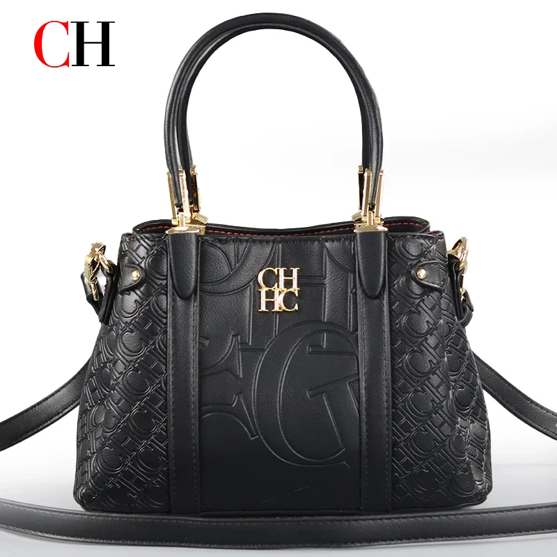 CH Women's Fashion Embossed Handbag Luxury PU Leather Top Handle Crossbody Bag 2026 New Gold Hardware Ladies Shoulder Bag