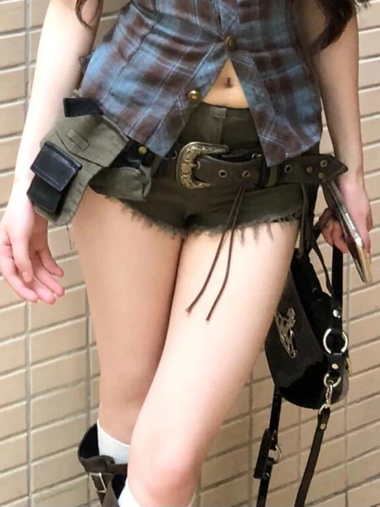 هوتشو Y2k السراويل الدنيم الأسود المرأة مثير خمر Gyaru الشرير مع حزام السراويل القوطية Harajuku الجرونج Kpop منخفضة الارتفاع جان السراويل #6