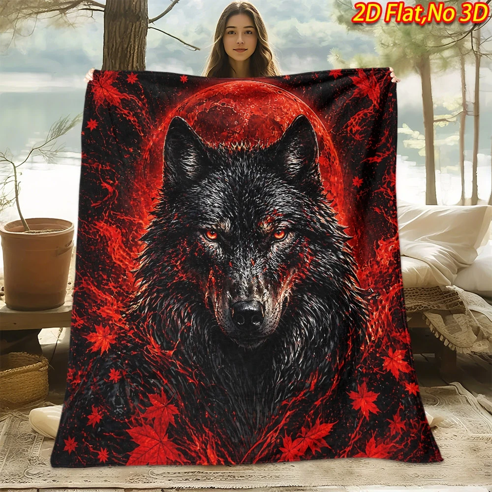 Red Blood Moon Black Wolf Flannel Blanket, Fiery Red Eyed Wolf Red Maple Leaf Splash Print Soft ThrowvBedroom Sofa Travel Gothic