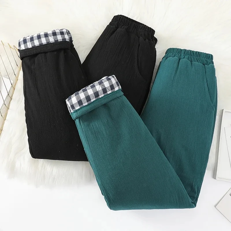 

Cotton Linen Casual Pants Women Winter Quilted Thicken Warm Harem Trousers Female High Waist Solid Pantalon