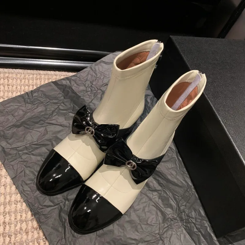 Round Bow Short Boots 2023 New Color Matching 5cm Thick Heeled Chelsea High Heeled Boots 35-39 Elastic Back Zipper Women\'s Boots