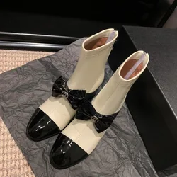 Round Bow Short Boots 2023 New Color Matching 5cm Thick Heeled Chelsea High Heeled Boots 35-39 Elastic Back Zipper Women's Boots