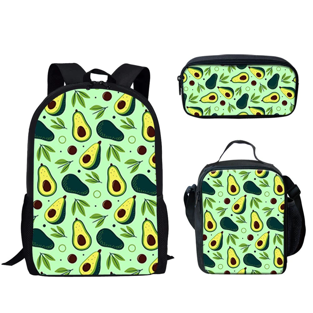 Ensemble de sacs d'école à motif d'avocat vert pour adolescents, sac à dos décontracté, sac à lunch, étui à crayons, garçon, fille, fruit, 3 pièces