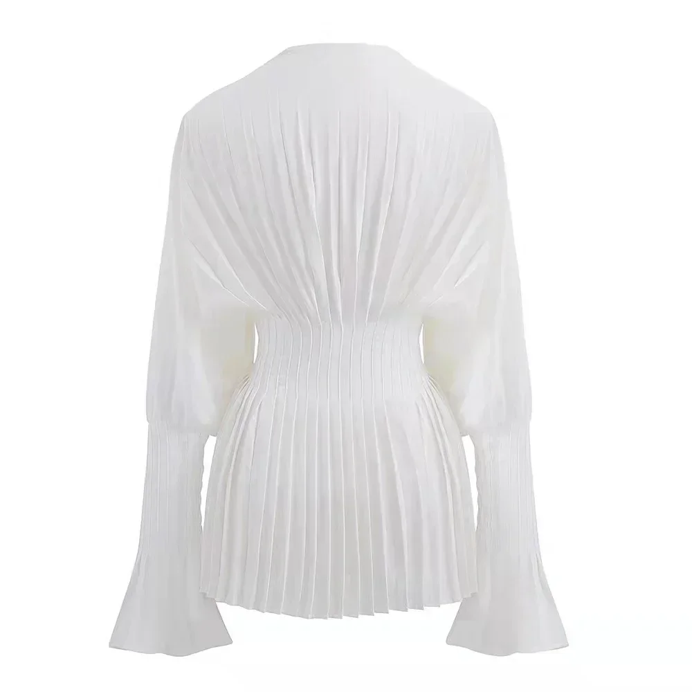 

Elegant Women Loose White V-Neck Pleated Shirts Female Lantern Full Sleeve Tops Blouses Casual Blusas 2024 Spring Autumn