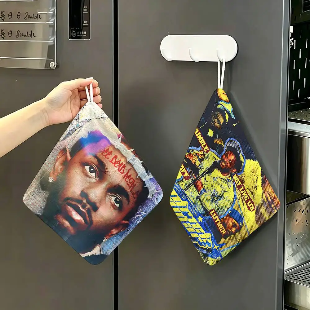 Rapper Hip Hop Kendrick Lamar Damn Polyester Cotton Hand Wiping Towel, Anti-shrink Hanging Kitchen Cloth for Household Cleaning