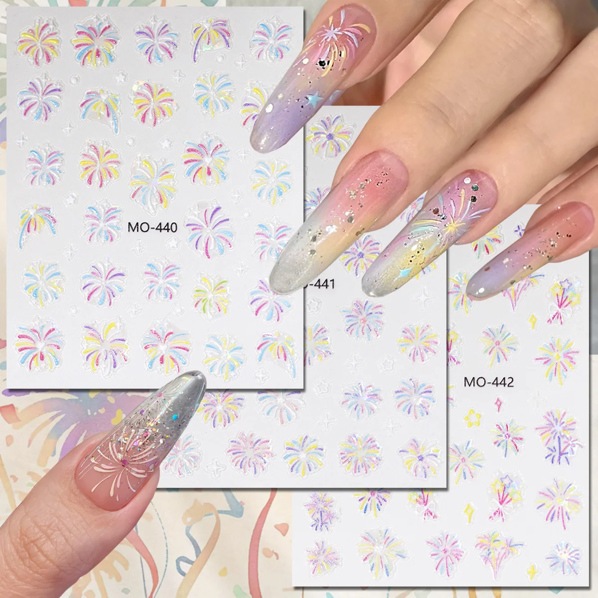 3/6 Sheets Fireworks Nail Art Stickers Rainbow Holographic Explosion Decals Star Sparkle Nail Stickers for Women DIY