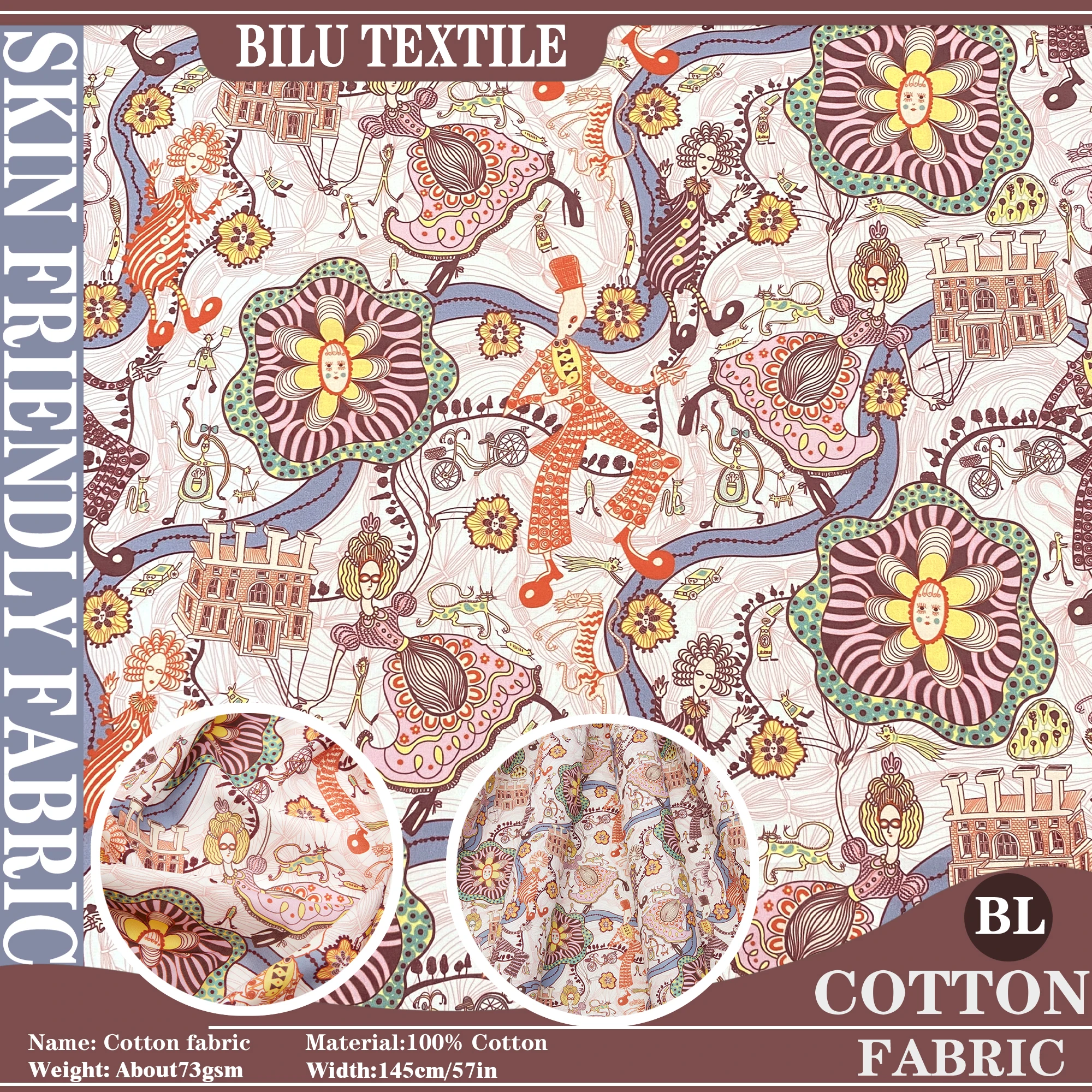 

80s 100% Cotton Poplin Grayson Perry for Liberty Shirley Smith tana lawn cotton fabric DIY handmade Sewing Dress Clothing cloth