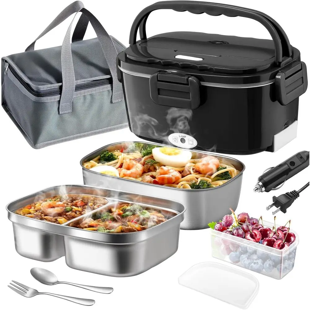 

Electric Lunch Box for Adults with Dual 1.5L Stainless Steel Containers, Heating Portable Food Warmer 12V/24V/110V Lunch Box, Ho