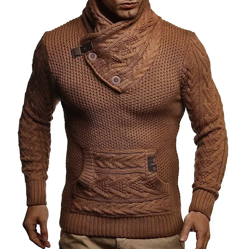 European and American Men's New Solid Color Buttoned High-neck Knitted Oversized Sweater for Autumn and Winter 2024. S-XXL