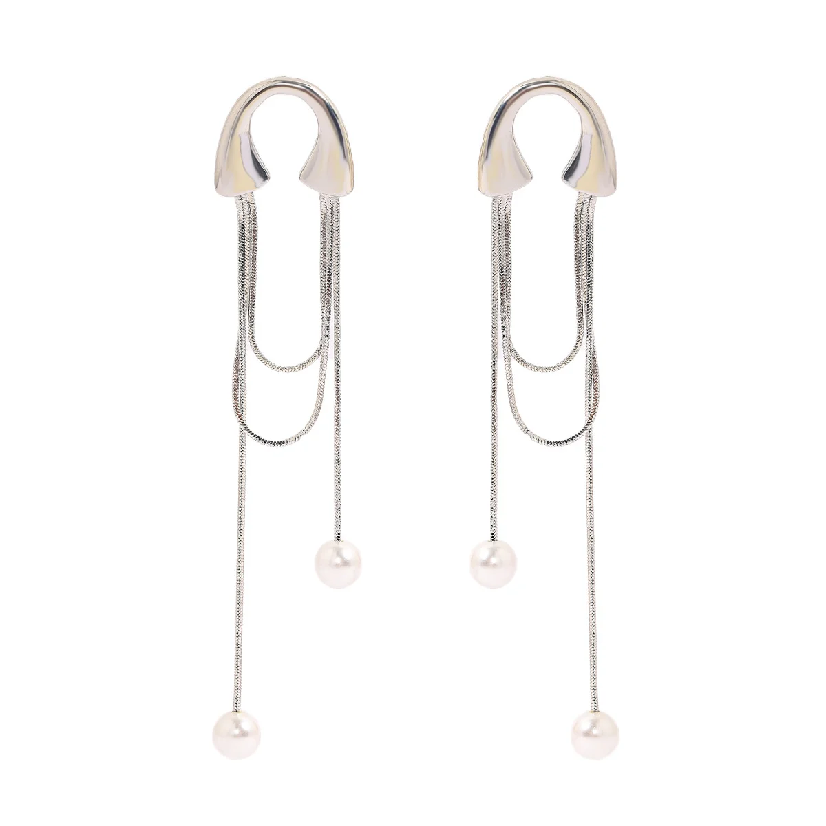 Silver Tone Asymmetric Chain Tassel Drop Earrings with Imitation Pearl Accents for Women Daily Party Jewelry