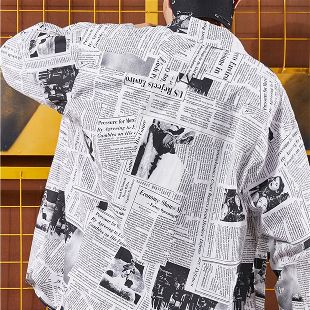 Cool Newspaper Print Shirt Men Gothic Oversize Shirts Japan Funny Shirts Long Sleeve Loose INS Tops Summer Punk Harajuku Shirt