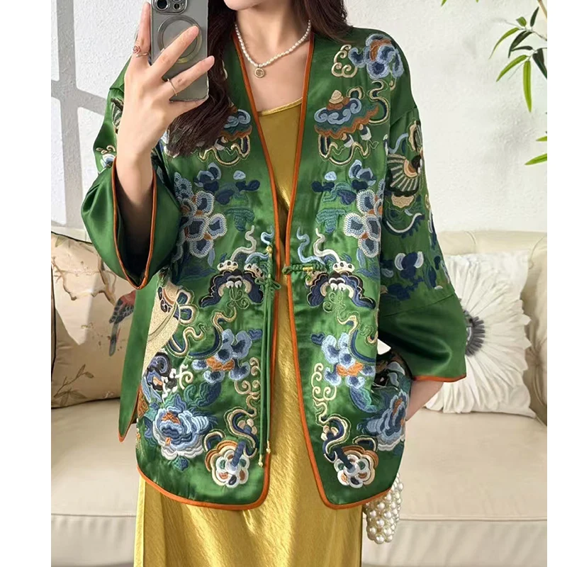 Spring New Acetate Fabric Handmade Tassel Buttons Exclusive Design Treasure Bottle + Peony Embroidery Women's Coat S-L