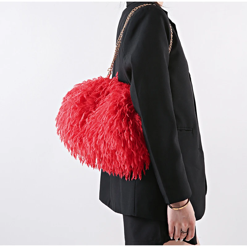 Lockige, flauschige Kunstfeder-Plüsch-Umhängetasche mit Kette, Damen-Clutch mit Falten-Design für Partys und Abendveranstaltungen, Herbst/Winter – Detail 8