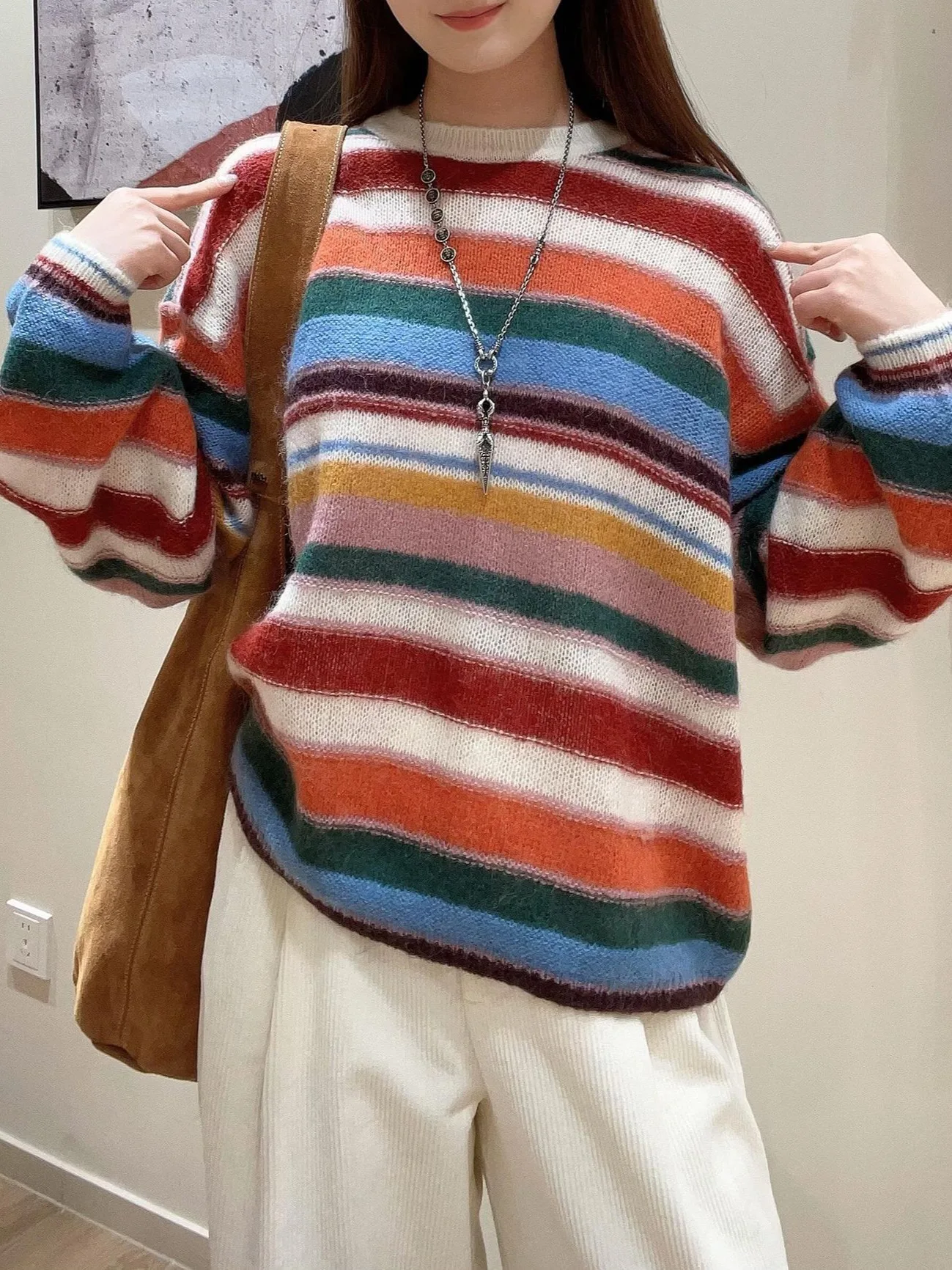 

MOSA женский вязаный свитер в радужную полоску, свободный крой, шерстяная смесь, зимний новый Sle, круглый топ Ne Long Sve