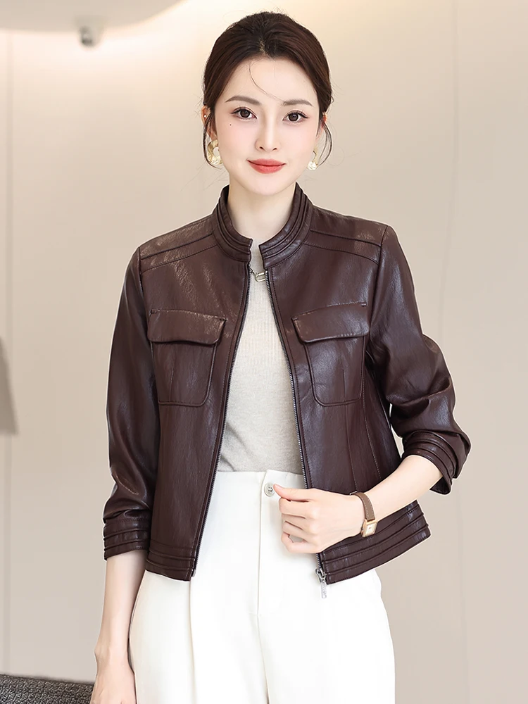   Ning Veste en cuir véritable pour femme, style motard, en peau de mouton, coupe ajustée, nouvelle collection printemps-automne