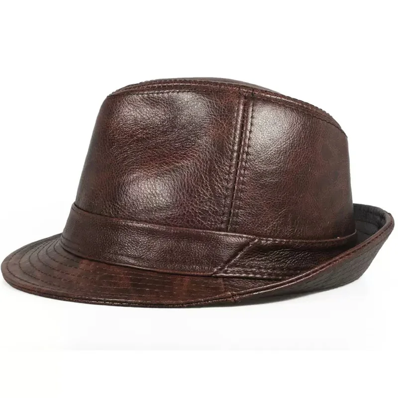 New In 2024 Men High Quality Genuine Leather Jazz Fedora Cap Gentleman Cow Skin Short Brim Black/Brown Top Hat Male Shows Topper