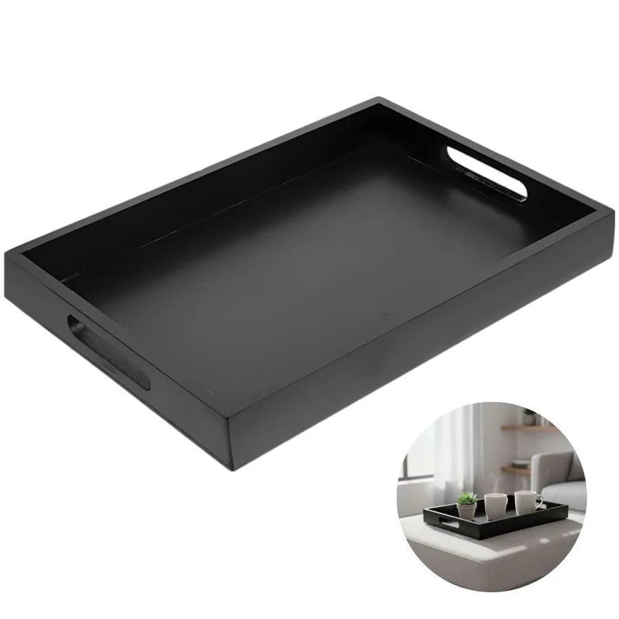 Black Bamboo Wood Serving Tray 16.14 x 12.2 x 1.38 in Rectangle Platter with Recessed Handles Sturdy Ottoman Tray for Coffee Te