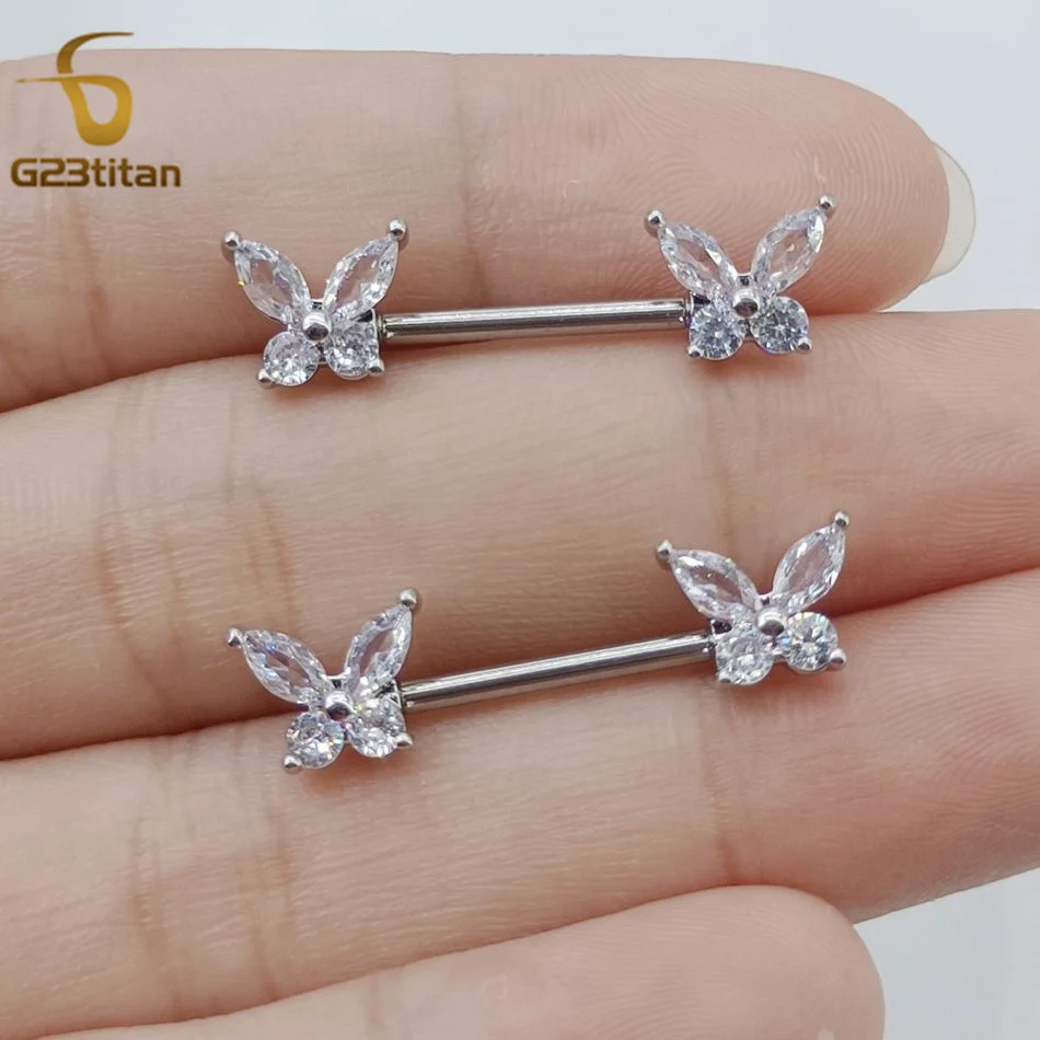2pcs Zircon Butterfly Nipple Rings Titanium or Steel Straight Barbell Body Piercings Hypoallergenic Women Jewelry Accessory 14G