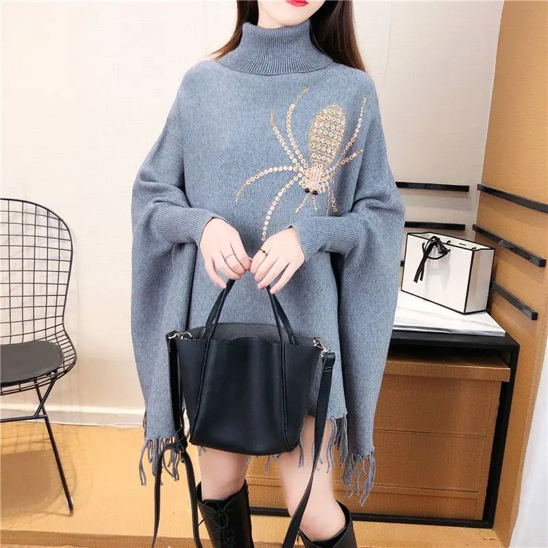 

Pullover Solid Sweater Female Winter New High Collar Tassel Knitted Sweater Bat Shirt Coat Women Sequins Loose Solid Cape Female