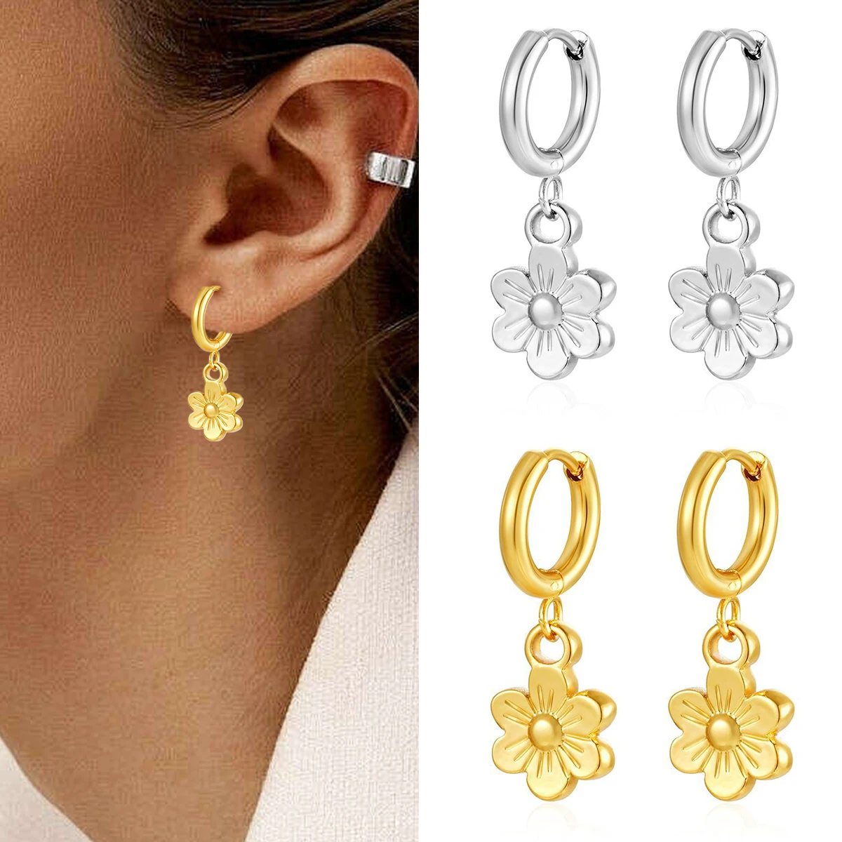 

Sunflower Earring Hoop Dangle Stainless Steel Earrings for Women Tassel Charms Round Ears Piercing Accessories Fashion Jewelry
