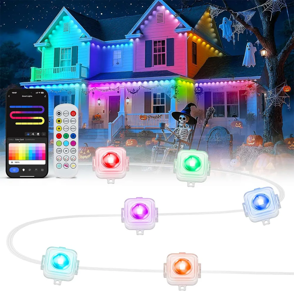 Permanent Outdoor Lights 100ft Smart Eave Light with 60 LED Lights,IP67 Waterproof, App Control,RGB+IC Light for Halloween Decor