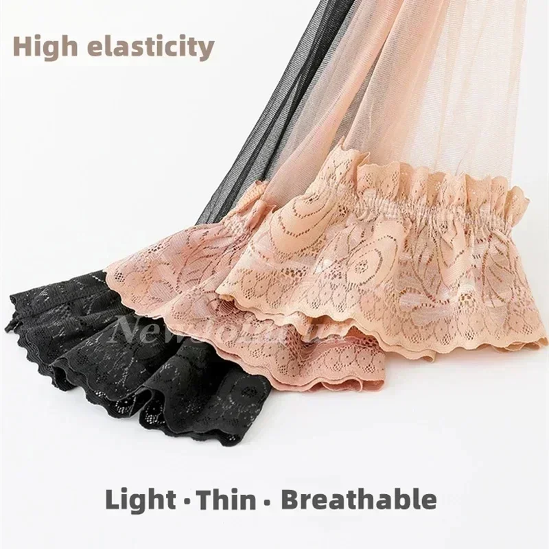 Plus Size Women Lace Black White Stockings Sexy Thin Sheer Knee Sock Thigh High Long Socks with Anti-slip Fishnet Stocking