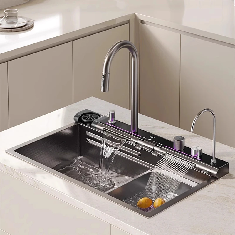 Nano Black Kitchen Sink Large Single Slot Integrated Digital Display Gray Waterfall Faucet Soap Dispenser Cup Washer Pure Tap