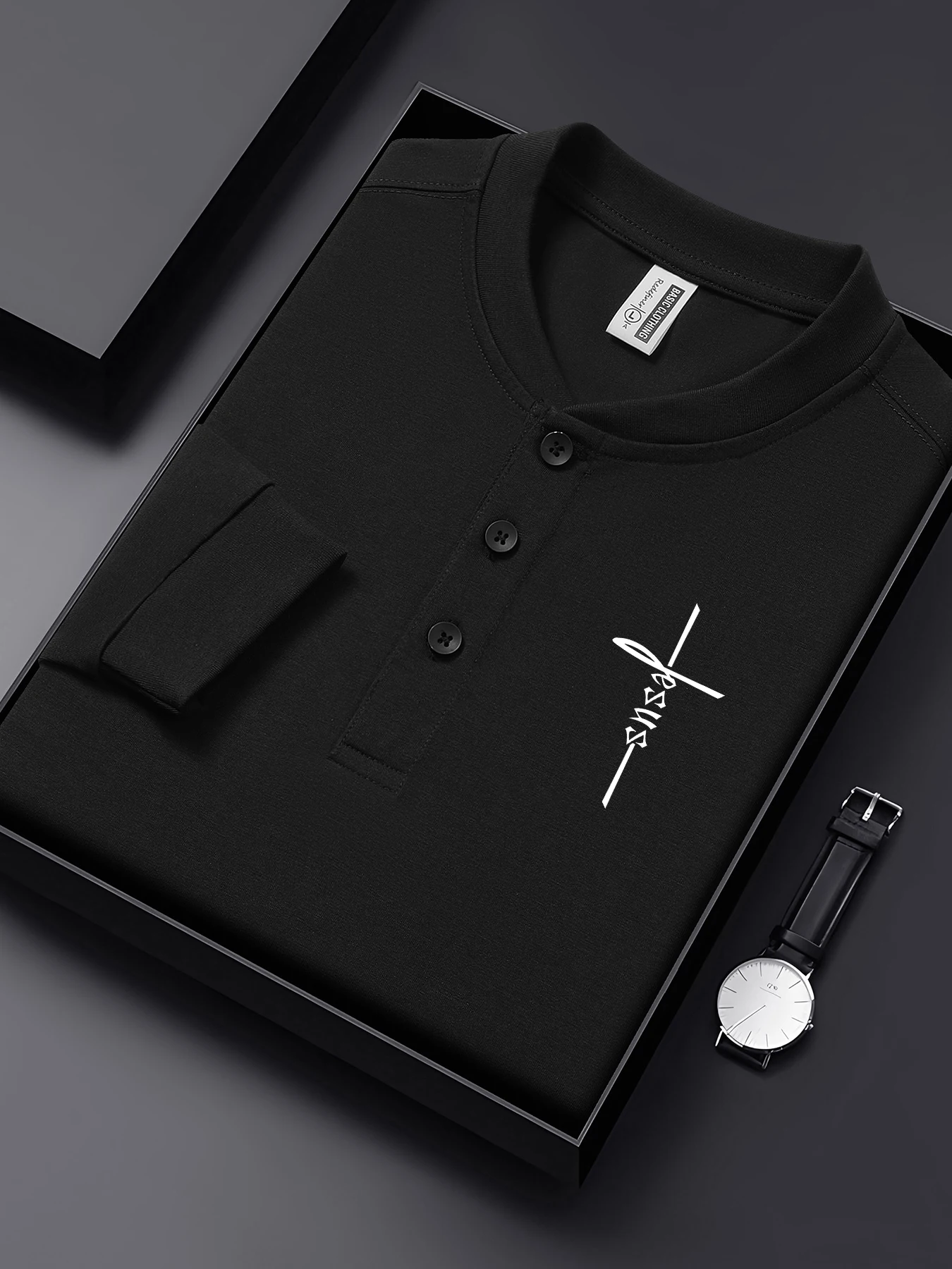 

Мужская рубашка на пуговицах с простым принтом и крестом и буквенным принтом, универсальные повседневные хлопковые осенние футболки с длинными рукавами, уличная одежда с вырезом Генри