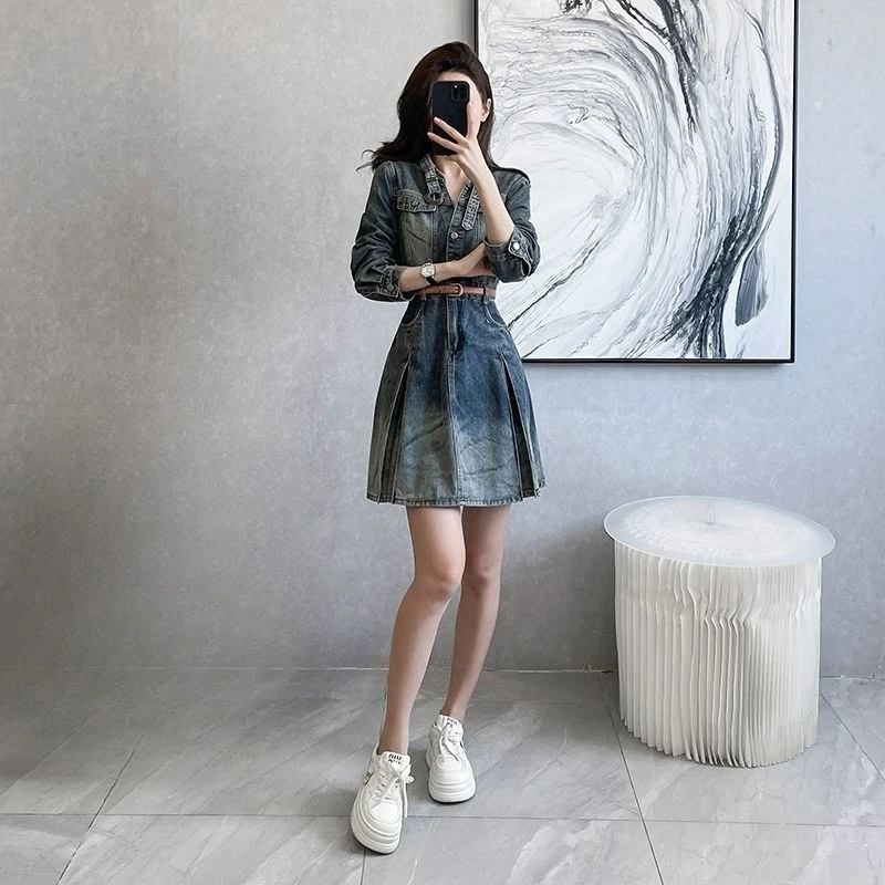 Frühling Neue Denim Kleid Langarm Retro Kurzen Rock EIN Wort Französisch Casual Hemd Kragen Rock Einfache Pendeln Koreanische Version