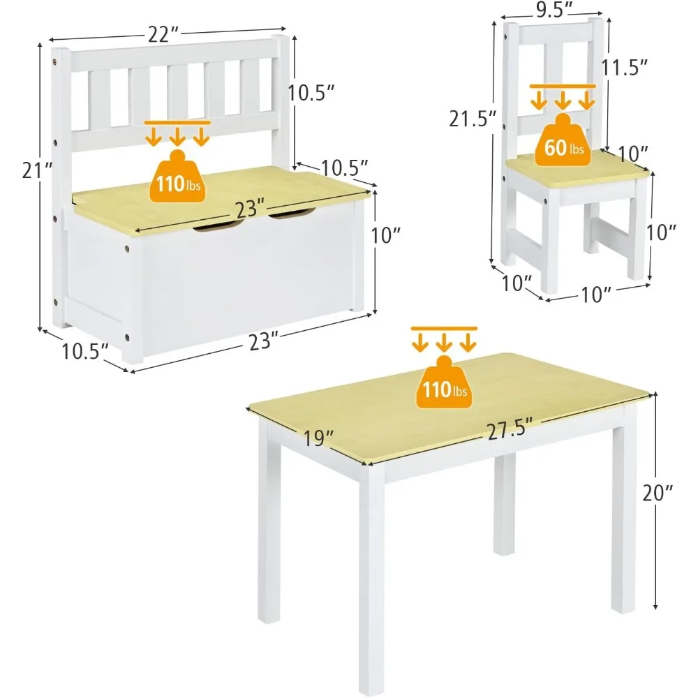 2 in 1 Kids Table and Chair Set, Wood Activity Table with Toy Storage Bench & 2 Chairs for Children Reading, Arts, Craft