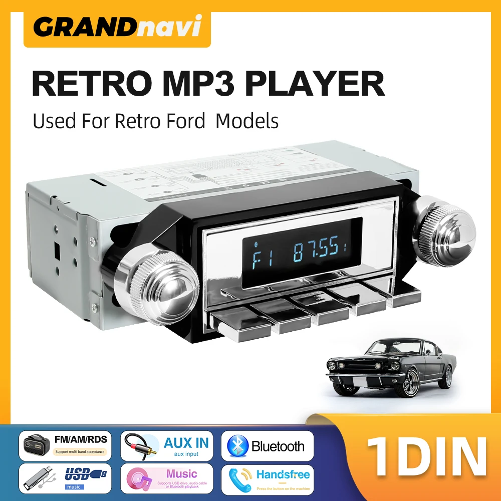 Radio de coche 1DIN Retro FM/AM/RDS con Bluetooth, reproductor MP3 vintage para Ford F-Series Ranchero, Bronco, Mustang, Galaxie, Falcon, Thunderbird