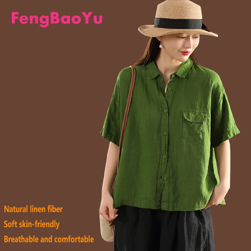 

100% Natural Pure Linen Women's Shirt, Dark Green Short-sleeved Elegant Fashionable Top, Business Casual Light Luxury Women Wear