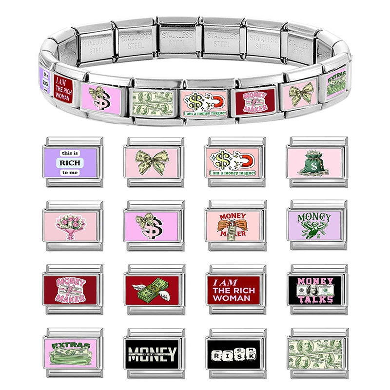 Letters Money Talks I Am The Rich Woman Italian Charm Links Fit 9mm Stainless Steel Women's Bracelet DIY Making Jewelry Gifts