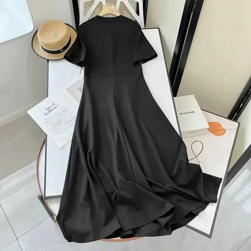 Women's 2023 Fashion Chic Casual Joker Slim Version Black Dress Retro Short-sleeved Round Neck Women's Dress Mujer