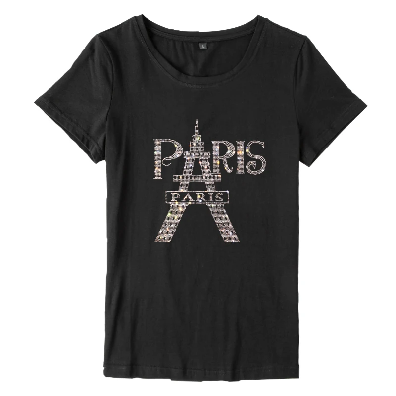 Women Short Sleeve T shirts Paris Tower Pattern Diamond Female Blouses Basic T-shirts Cotton Good Quality Tops