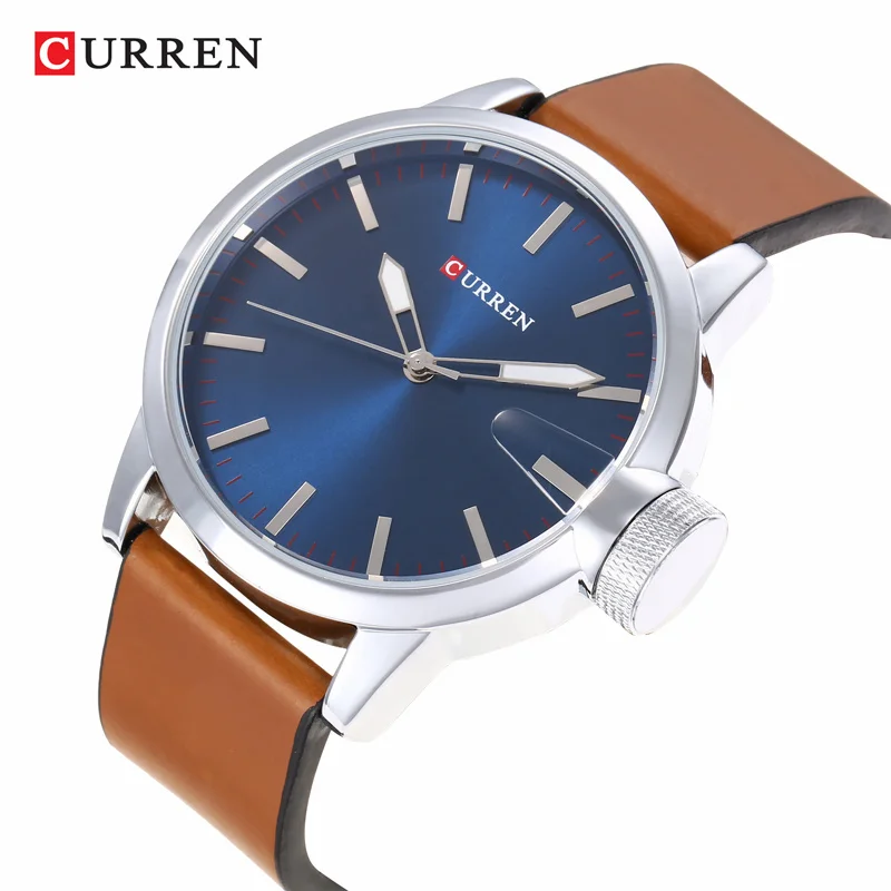 

CURREN 8208 Men's Quartz Watch Fashion Blue Simple Business Brown Leather Strap Analog Display Wrist Watches for Male Clock Gift