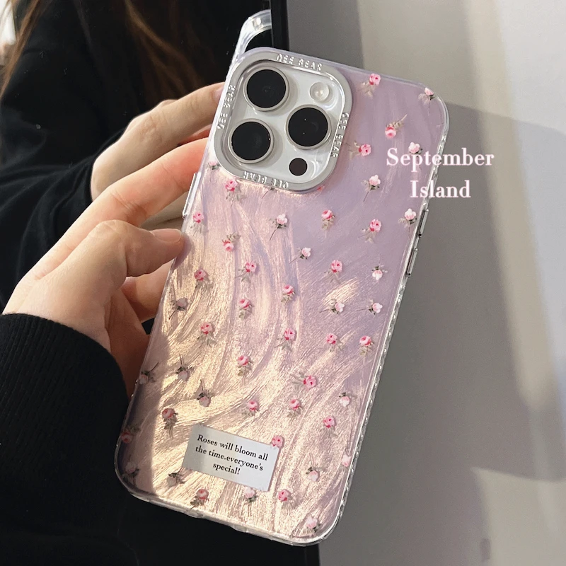 Luxury Pink Flowers Glitter Laser Phone Case For iPhone 16 Pro Max 15 14 13 12 11 Pro Max Shockproof Lens protection Cover