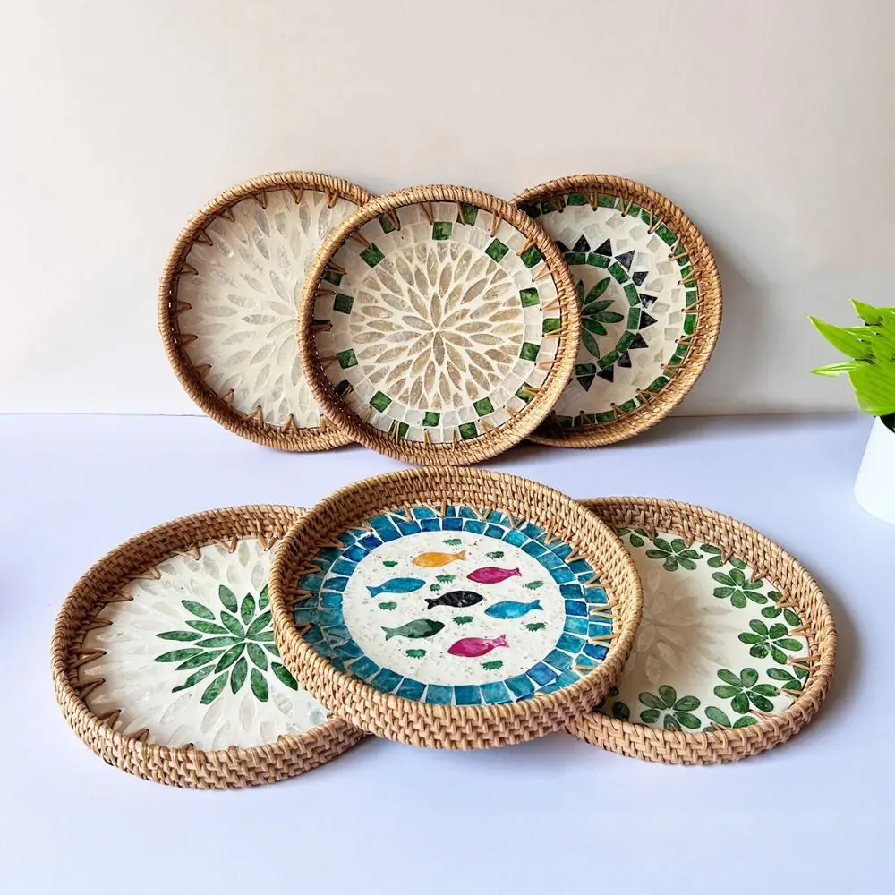 Creative Gift Shell Mosaic Round Woven Tray Handmade Decorative Decorative Wall Plate Home Decor Rattan Serving Tray