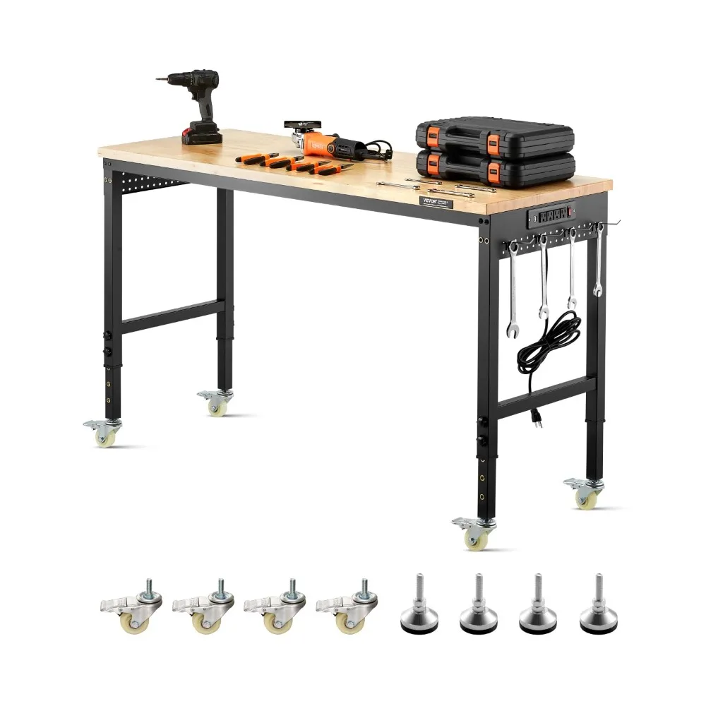 

60 Inch VEVOR Workbench with Adjustable Features, Power Outlet, Rolling Wheels, and Oak Wood Pegboard, Supports 2000 lbs