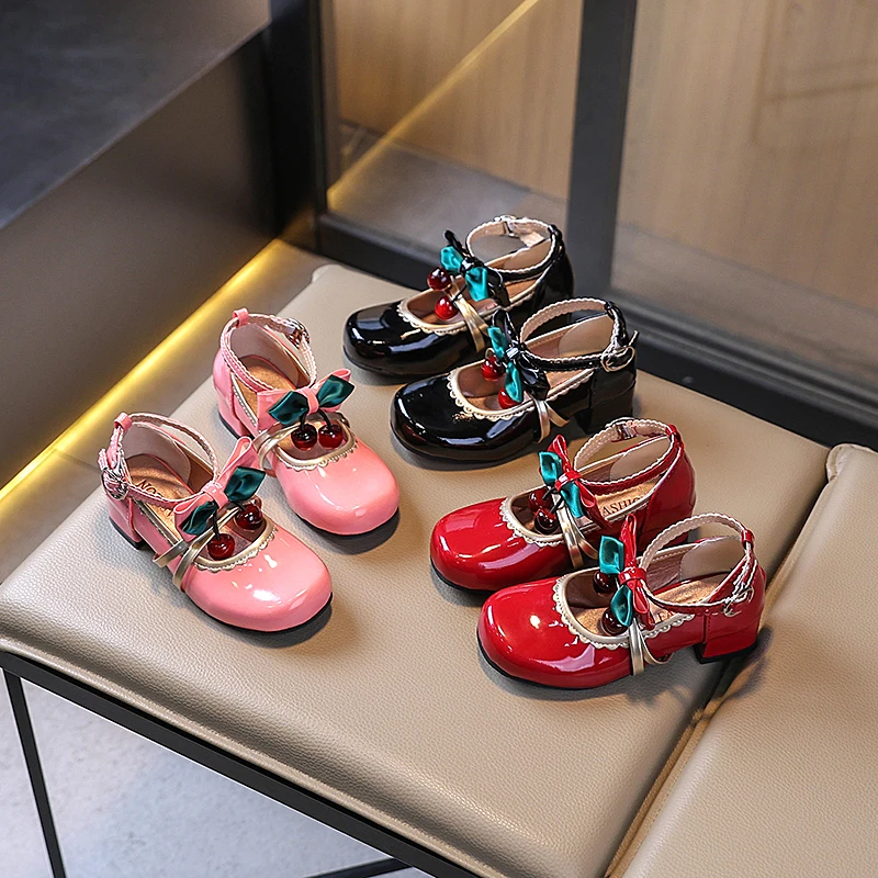 

Fashion Kids Spring Autumn Girl Leather Shoes Mary Jane Chic Knot Butterfly High Heels Wedding Party Kids Princess Dress Shoes