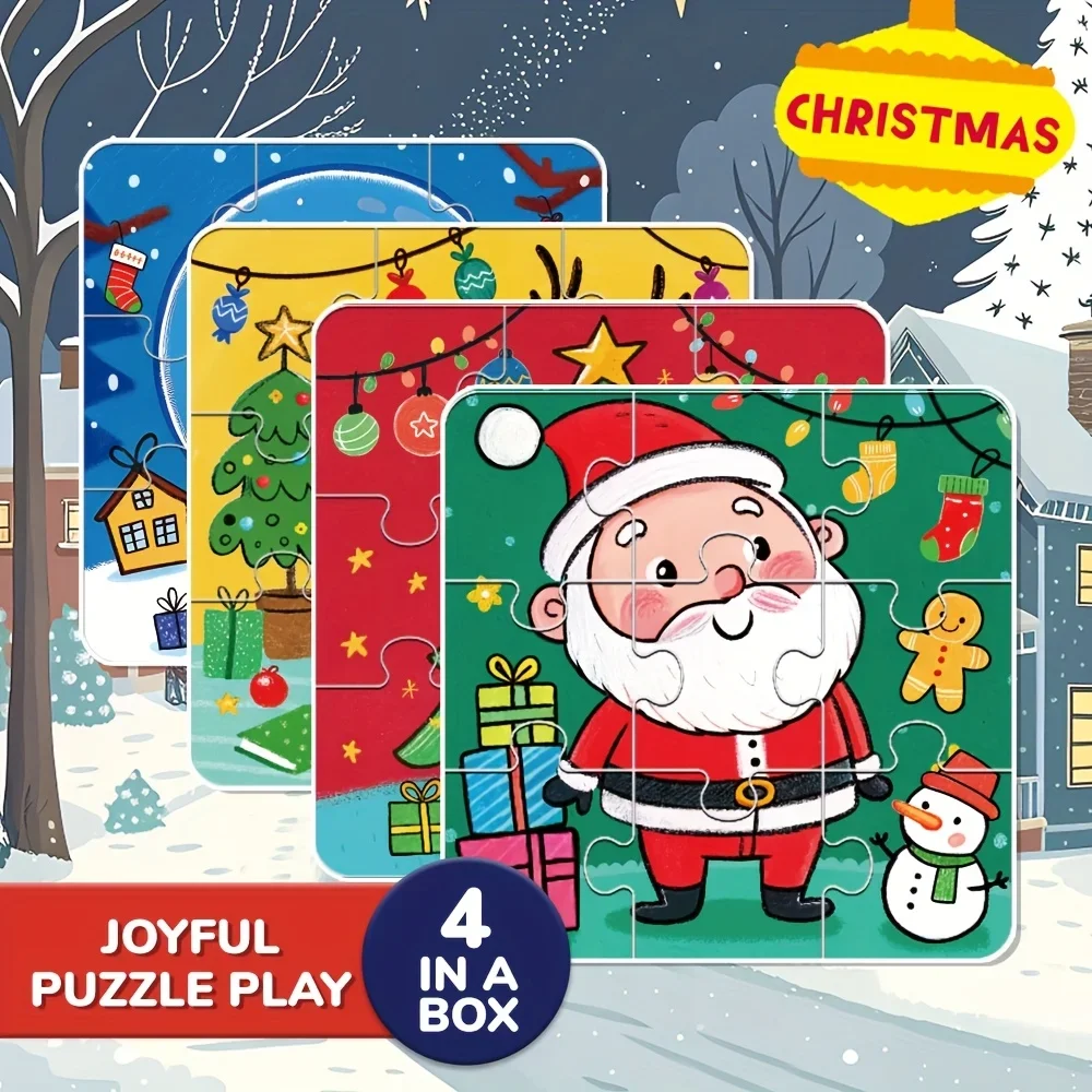 Puzzle de noël 4 en 1 pour enfants, père noël, bonhomme de neige, arbre de noël, élan, bas, jouets, cadeaux de fête de noël