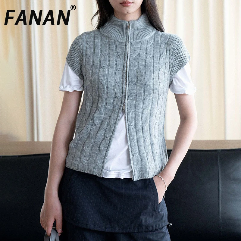 FANAN Women Light Grey Cable Knit Vest Stand Collar Double Zipper Short Sleeve Slim Fit Waistcoat Casual Knit Gilet Autumn New