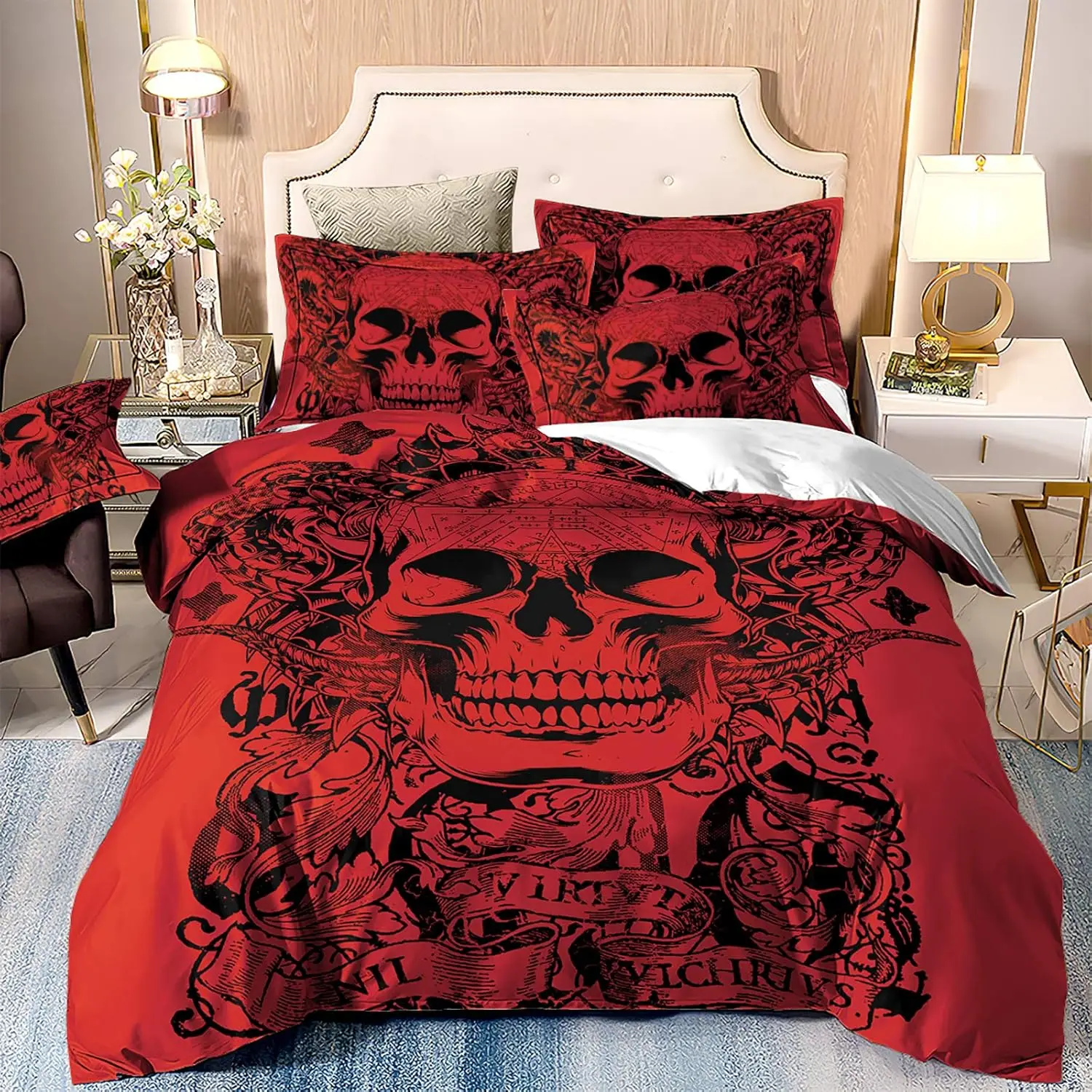 

Red Skull Duvet Cover Gothic 3D Tattoo Printed Bedding Set 3Pcs Halloween Microfiber Quilt Cover with Zipper Ties + 2pillowcases