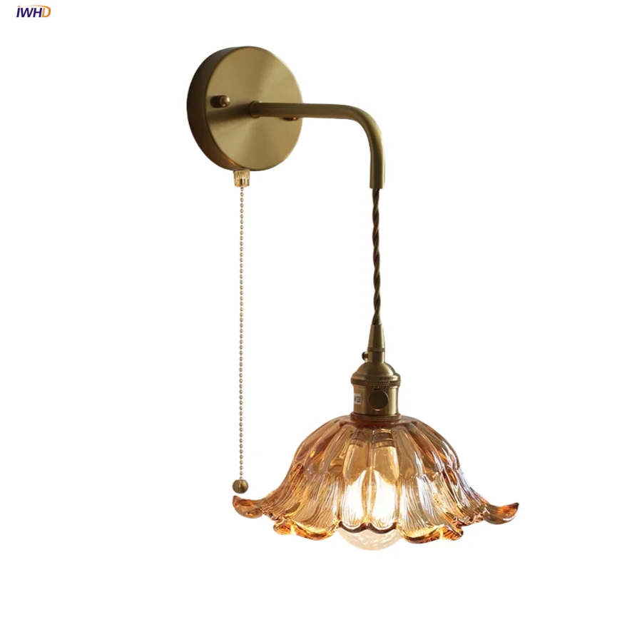 

IWHD Pull Chain Switch LED Wall Lamp Bar Bedroom Cafe Flower Amber Glass Nordic Modern Wire Adjustable Brass Stair Light Fixture