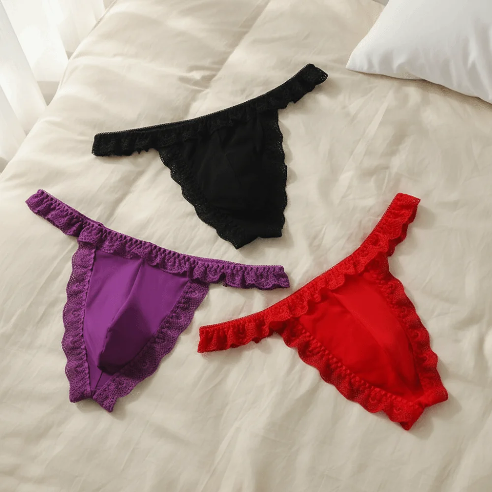 Underwear Low Waist Men's Lace Thongs Underpants Ruffle Belt Men's Mesh Lace Panties T-back Thin Male Briefs Summer