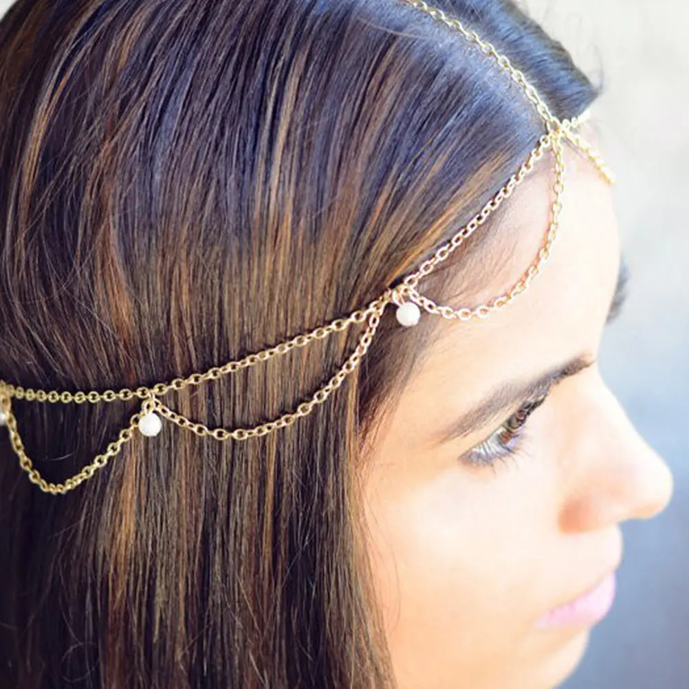 

2Pcs Bohemian Tassel Headband Bridal Wedding Headpiece Pearl Drop Hair Band Party Holiday Head Garland Decoration