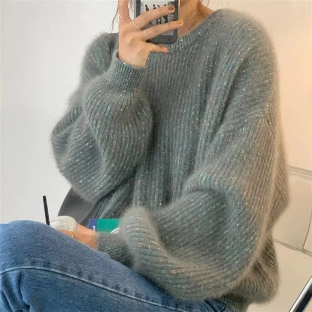 Women's Outer Wear Pullover Autumn 2024 New Velvet Round Neck Japanese Style Thick Loose Puff Sleeve Sweater